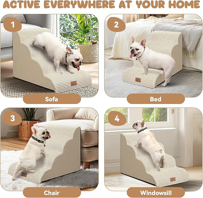 Dog Ramp and Stair for Bed 16" H-20 H,3-Step Cat Stair for Sofa and Chair,4-Step Dog Ramp for High Bed and Window,Durable Nonslip Fabric Cover for Indoor (Beige-20 H, Pet Friendly, 4)-PawvioPets
