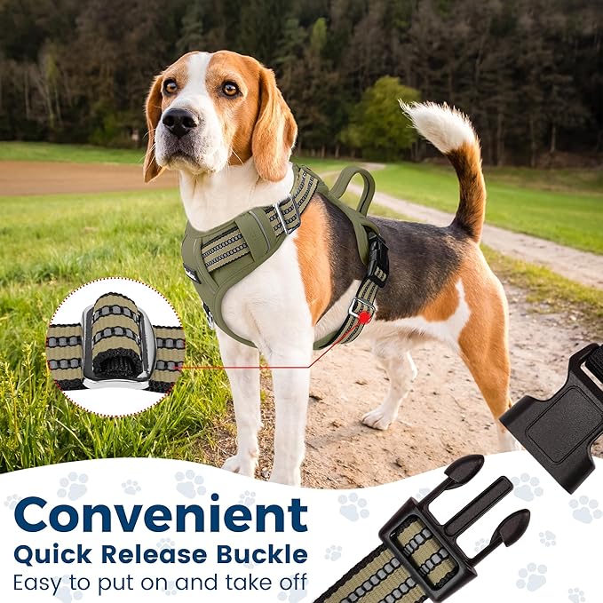 Funfox Dog Harness No Pull, Adjustable Pet Vest Harness, Super Soft Material with Vertical Handle Easy Control, Reflective Night Walking, 2 Leash Clips for XLarge Dogs, Army Green, XL-PawvioPets