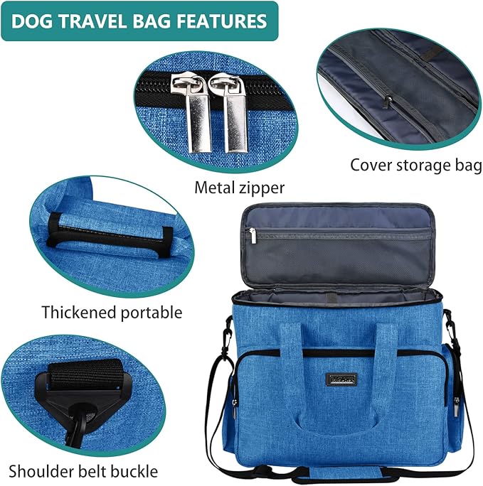 BAGLHER Dog Travel Bag, Pet Travel Bag (ALL Pet Travel Supplies), With 2 Pet Food Containers and 2 Collapsible Silicone Bowls; Essential Kits for Pet Travel Blue-PawvioPets