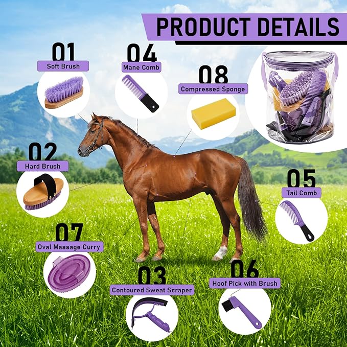 9 Pieces Horse Grooming Kit Tack Room Supplies Set with Organizer Tote Bag, Oval Massage Curry, Hard and Soft Brush, Hoof Pick, Sweat Scraper, Bathing Sponge, Combs for Horse Riders Beginners (Purple)-PawvioPets