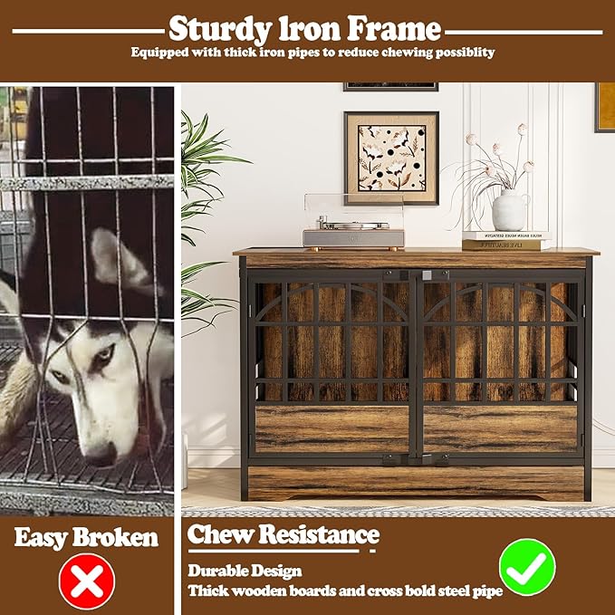 COZPAW 52 Inch Dog Crate Furniture, Extra Large Dog Kennel Indoor for XLarge Breed, Heavy Duty Dog Cage with Double Elegant Arched Doors, Decorate as TV Stand & End Table-Retro Brown-PawvioPets