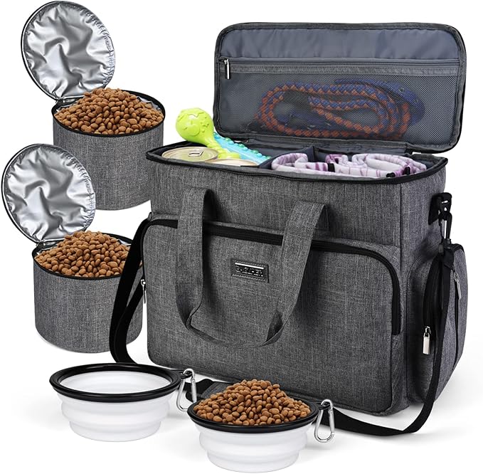 BAGLHER Dog Travel Bag, Airline Approved Pet Tote Organizer with Multi-Function Pockets, 2 X Food Storage Containers and 2 X Collapsible Dog Bowls, Perfect Weekend Pet Travel Set for Dog, Cat Grey-PawvioPets