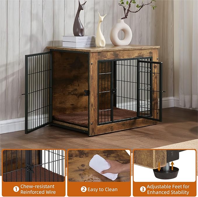 FLEXIMOUNTS Dog Crate Furniture with Cushion, Wooden Dog Kennel Furniture, Heavy Duty Dog Cage, 27" Dog Kennel with Double Doors-PawvioPets