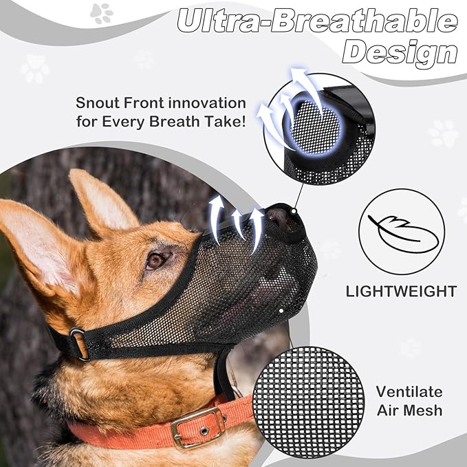 Dog Muzzle, Soft Air Mesh Muzzle for Small Medium Large Dogs Anti Biting Barking Chewing Scavenging, Breathable Adjustable Loop Pets Muzzle with Front Opening Design Allows Panting Drinking (Black,L)-PawvioPets