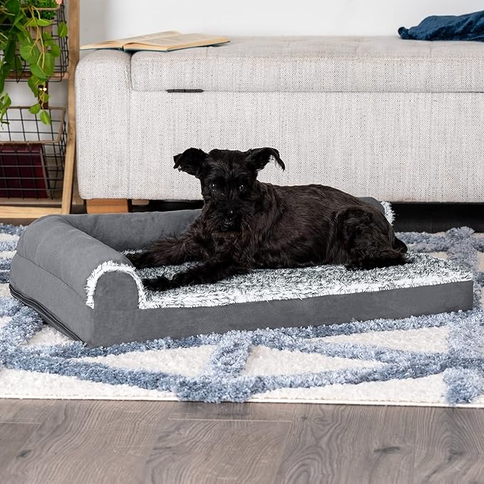 Furhaven Cooling Gel Dog Bed for Medium/Small Dogs w/ Removable Bolsters & Washable Cover, For Dogs Up to 35 lbs - Two-Tone Plush Faux Fur & Suede L Shaped Chaise - Stone Gray, Medium-PawvioPets