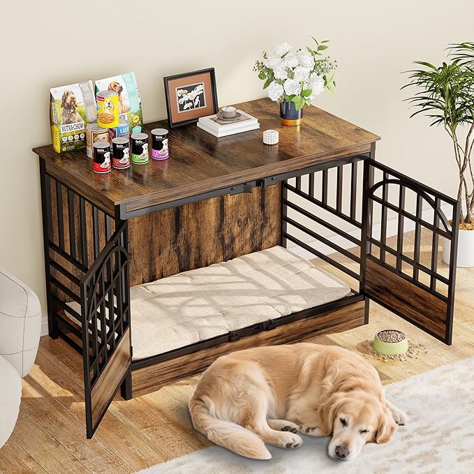 COZPAW 52 Inch Dog Crate Furniture, Extra Large Dog Kennel Indoor for XLarge Breed, Heavy Duty Dog Cage with Double Elegant Arched Doors, Decorate as TV Stand & End Table-Retro Brown-PawvioPets