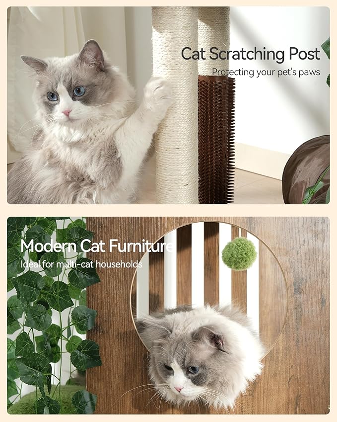 FourFurPets Large Cat Tree with Leaves, 72.8-Inch Cat Tower for Indoor Cats, Modern Cat Tree with Scratching Post, Large Perch, Tunnels, Swing Ball, Self Groomer, Greige-PawvioPets