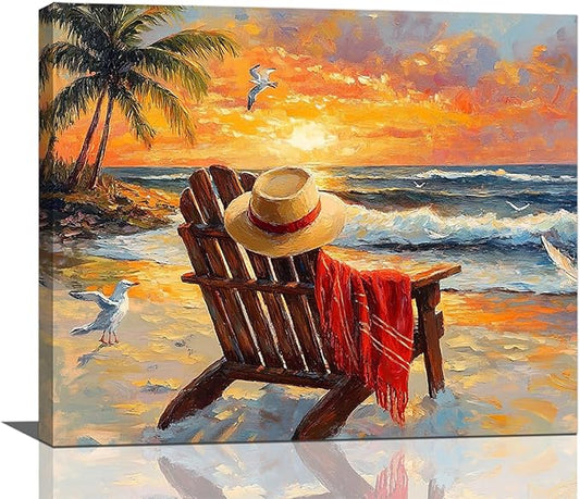 Beach Coastal Bathroom Pictures Wall Art, Seaside Ocean Bathroom Wall Decor, Sunrise Palm Framed Painting Canvas Artwork for Bedroom Living Room Decorations 20"L x 16"W-PawvioPets