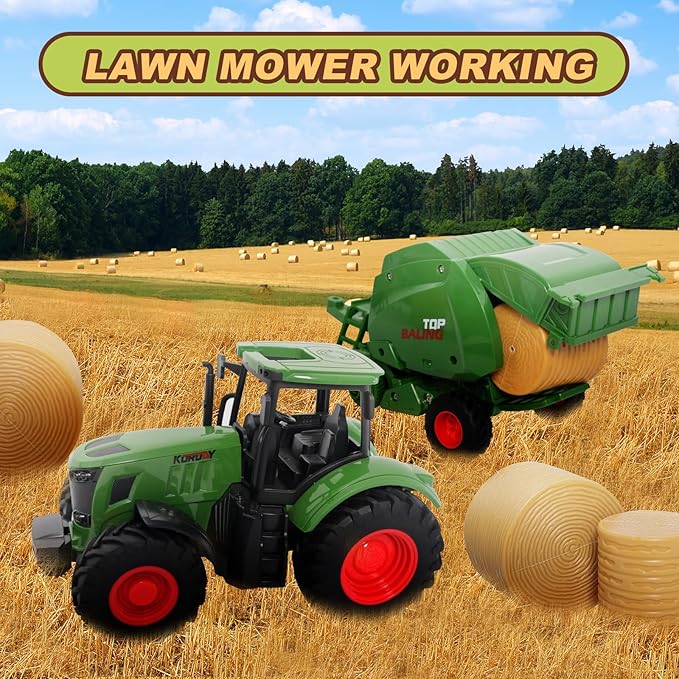 Farm Tractor Toys Set Bale Haying Round Baler with Barn Farmer,Cow,Farm Tools,Tree Farm Tractor Pla yset for Kids Toddler Boys Girls Ages 3-7 Years-PawvioPets