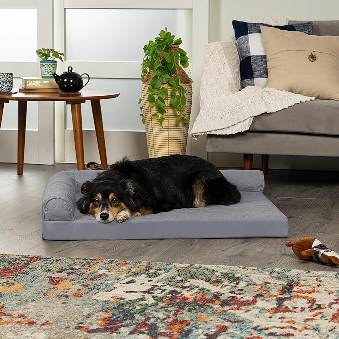 Furhaven Cooling Gel Dog Bed for Large/Medium Dogs w/ Removable Bolsters & Washable Cover, For Dogs Up to 55 lbs - Pinsonic Quilted Paw L Shaped Chaise - Titanium, Large-PawvioPets