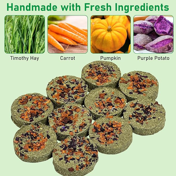 Fhiny 24 PCS Rabbit Chew Toys, Natural Timothy Hay Carrot Pumpkin Purple Potato Biscuit Cubes Bunny Chew Treats for Teeth Care Small Animals Molar Snacks for Hamster Guinea Pig Chinchilla Rat-PawvioPets
