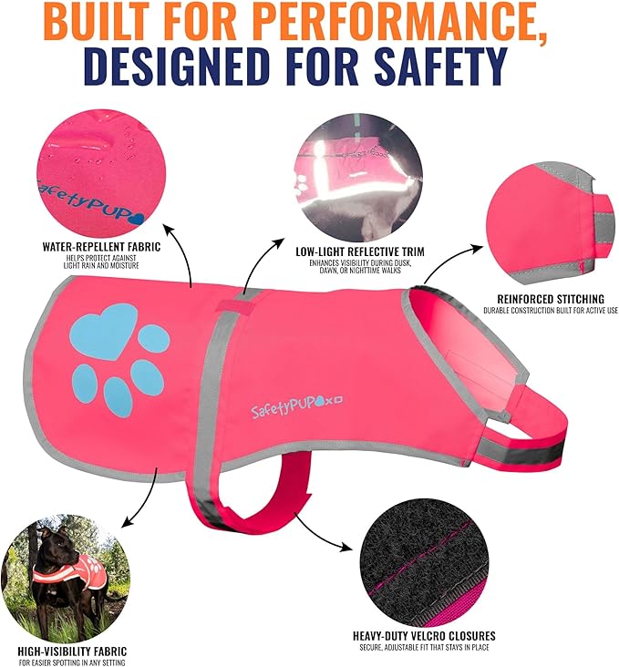 Dog Reflective Vest – Hi-Vis Fluorescent Visibility That Helps to Safeguard Your Pet On/Off Leash in Urban & Rural Areas (Pink, Large)-PawvioPets