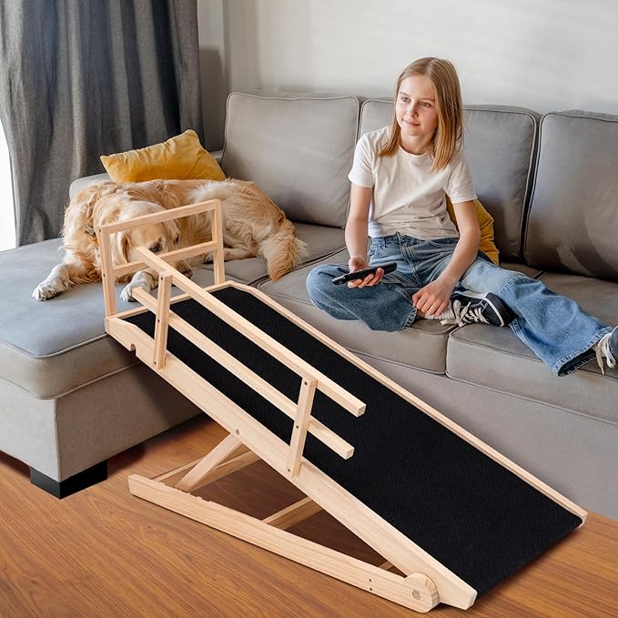 Dog Ramp for Bed, Adjustable Pet Ramps for Dog to Get on Bed, Non-Slip Rubber Surface - Folding Wooden Dog Ramp for Small/Large/Old Dogs, Adjustable up to 27.5 inch High Beds, Safety Railings-PawvioPets
