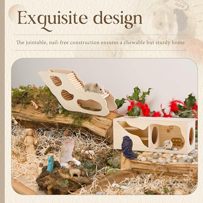 2 Pcs Hamster Houses and Hideouts Hamster Tunnel Set Wood House for Hamster with Climbing Ladder Exploring Tunnel Multi Chamber Maze for Small Animals Pets Gerbils Hedgehogs Rats Mice-PawvioPets