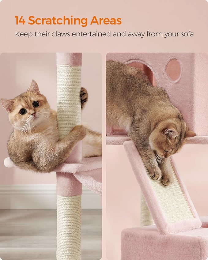 Feandrea Cat Tree, 81.1-Inch Large Cat Tower with 13 Scratching Posts, 2 Perches, 2 Caves, Basket, Hammock, Pompoms, Multi-Level Plush Cat Condo for Indoor Cats, Jelly Pink UPCT190P01-PawvioPets