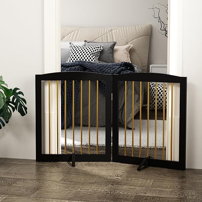 Freestanding Pet Gate for Dogs, Foldable Wooden Dog Gate for House, Stairs, Doorways, Step Over Pet Puppy Safety Fence,Support Feet Included,24" Height 2 Panels, Black&Gold-PawvioPets