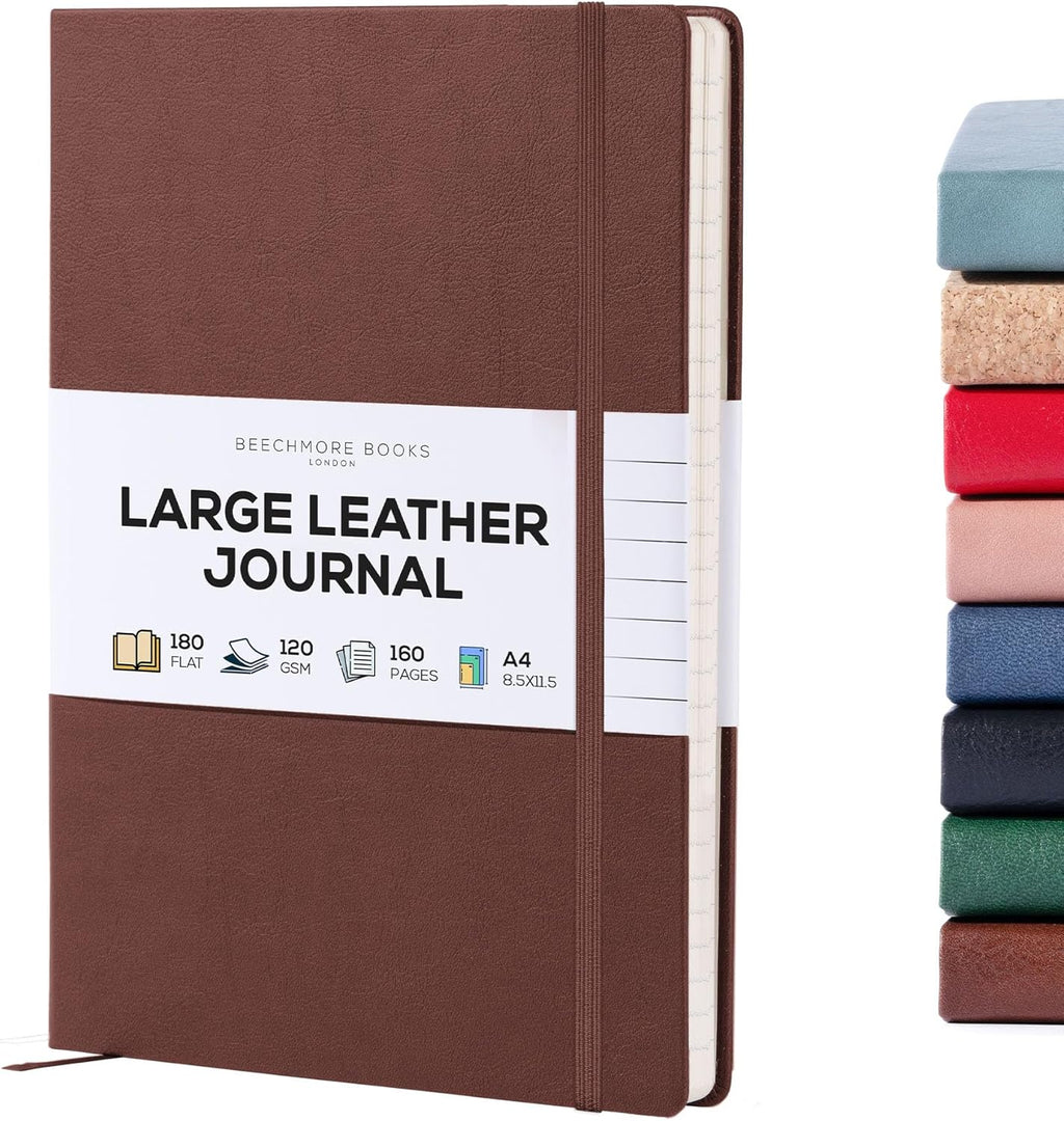 BEECHMORE BOOKS Lined Journal Notebook, 8.5 x 11.5 inch, A4 160 Lined Pages, Hardcover Leather Journals for Women, Men, Writing and Notebooks for Work - 120 GSM Thick Paper, Gifts Box Included (Chestnut Brown)