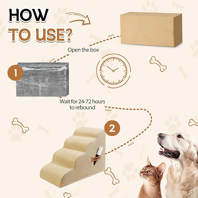 Dog Stairs, Romrol Dog Steps Ramp for High Bed and Couch, Dogs Ramp with Durable Non-Slip Waterproof Fabric Cover, Pet Stairs for Small Dogs and Cats or Pets Joints, 4-TiersBeige-PawvioPets