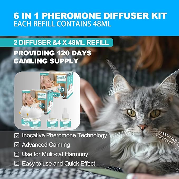 Cat Calming Diffuser, Cat Pheromones Calming Diffuser, Effectively Relieve Anxiety Stress Cat Diffuser Calming Multicat with 2 Diffuser + 4 Refill 48ml Last 120 Days Fits All Cats-PawvioPets