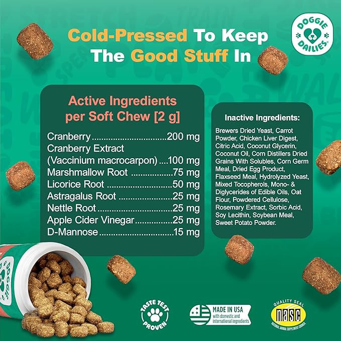 Doggie Dailies Cranberry Supplement for Dogs - Urinary Tract, Bladder & Kidney Support for Dogs - Cranberry for dogs with Marshmallow Root, Licorice Root & Apple Cider Vinegar (Chicken) 225 Soft Chews-PawvioPets