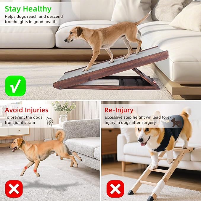 Folding Dog Ramp for Bed, Couch, Car, SUV & RV - Adjustable 4 Heights (12.2"-19.2"), 35.4" Long Wooden Pet Ramp with Non-Slip Mat & Safety Rails - Supports Pets up to 200 lbs-PawvioPets