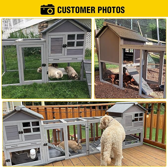 Aivituvin Rabbit Hutch Indoor Bunny Cage Outdoor with Run Chicken Coop Guinea Pig House with Waterproof Asphalt Roof,No Leakage Pull Out Tray (103.2" L x 25.2" W x 36.2" H, Grey-2 Sets)-PawvioPets