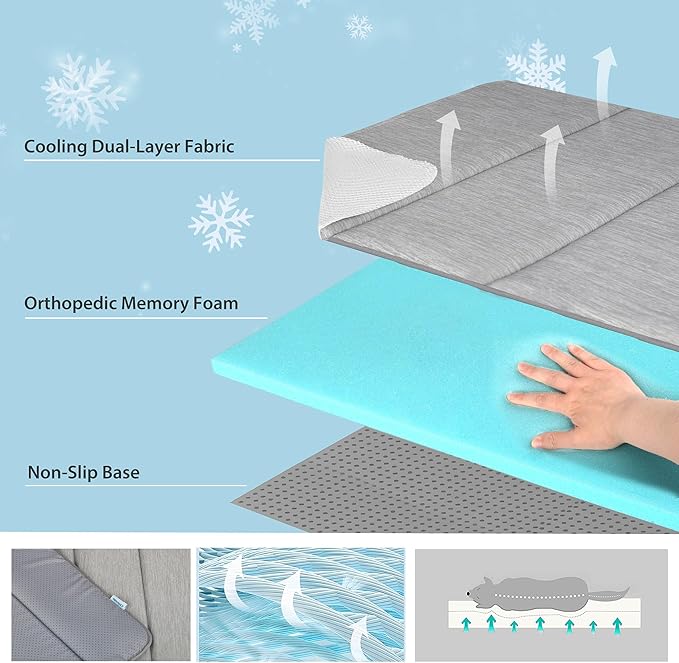 Dog Cooling Mat for Large Dogs - 35x23 Orthopedic Memory Foam Pet Pad for Summer, QMAX>0.5, Washable Premium Comfort Crate Pad for Your Furry Companion, Grey,-PawvioPets