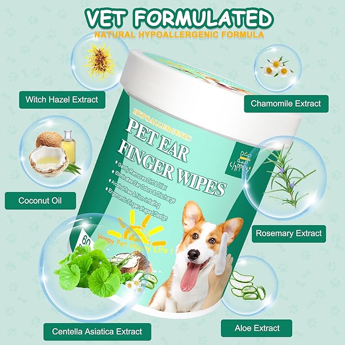 60 ct Pet Ear Finger Wipes for Dogs - Extra-Coverage and Large Design with Coconut Oil and Aloe Vera, Relieve Ear Itching and Inflammation, Remove Ear Wax and Debris, Soothing Cleansing Deodorizing-PawvioPets