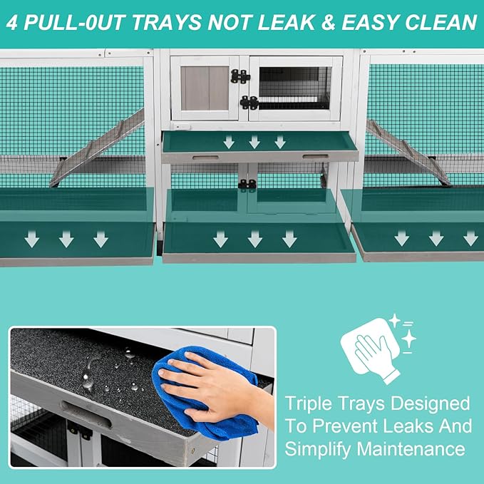 2-Tier Rabbit Hutch with Wheels, Indoor & Outdoor Small Animal Cage with Deep Pull-Out Tray, Anti-Chew Frame, Habitat for Bunny, Guinea Pig, Chinchilla (93" L x 19" W x 35" H)-PawvioPets