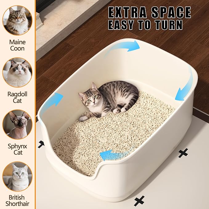 Gefryco Large Cat Litter Box with High Sided 24.6"x18.3"x12.2" - Jumbo Extra Large Open Anti - Splashing High Wall for Multiple Cats (White)-PawvioPets