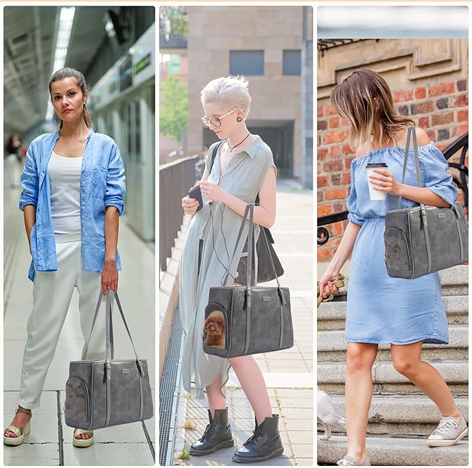 Fashion Dog Purse Pet Carrier Leather Bag for Small Dogs Cats Puppy, Portable Tote Bag Airline Approved Soft-Sided Carriers (Grey)-PawvioPets