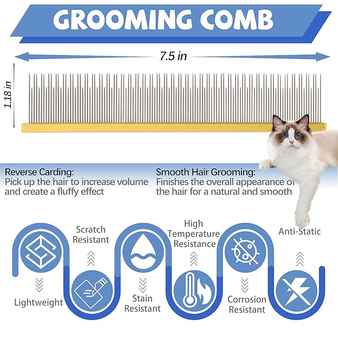 8.5 Inch Dual Tooth Pet Comb for Mats and Tangles，Professional Grooming Comb Removing Excess Hair for Long-Haired Cats and Dog Kit,Prevent Undercoat, Excess Hair,Mats and Tangles,Pet Essential-PawvioPets