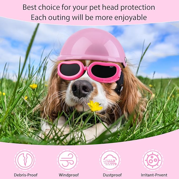 Frienda Dog Helmet and Goggles, UV Protection Doggy Sunglasses and 4 Inch Padded Puppy Motorcycle Helmet Adorable Dog Goggles with Adjustable Belt for Small Dogs Puppy Riding(Pink,S)-PawvioPets