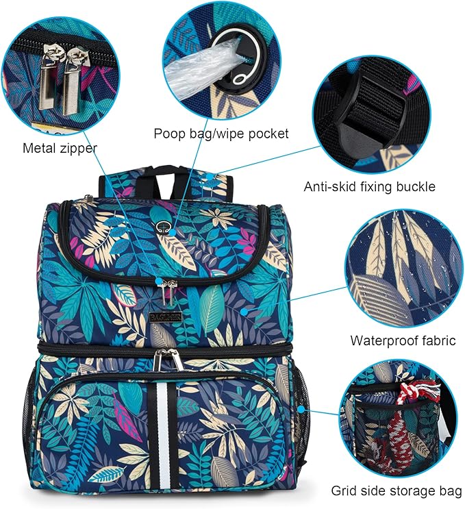 BAGLHER Pet Travel Bag, Double-Layer Pet Supplies Backpack (for All Pet Travel Supplies), Pet Travel Backpack with 2 Silicone Collapsible Bowls and 2 Food Baskets Hawaii-PawvioPets