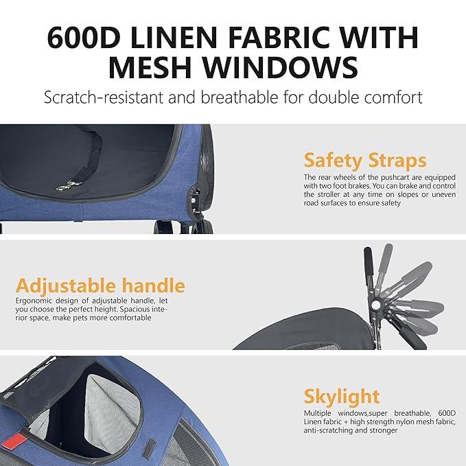 Extra Large Dog Stroller for Medium & Large Pets - Foldable Design, Adjustable Handle, Up to 130 lbs(Blue)-PawvioPets