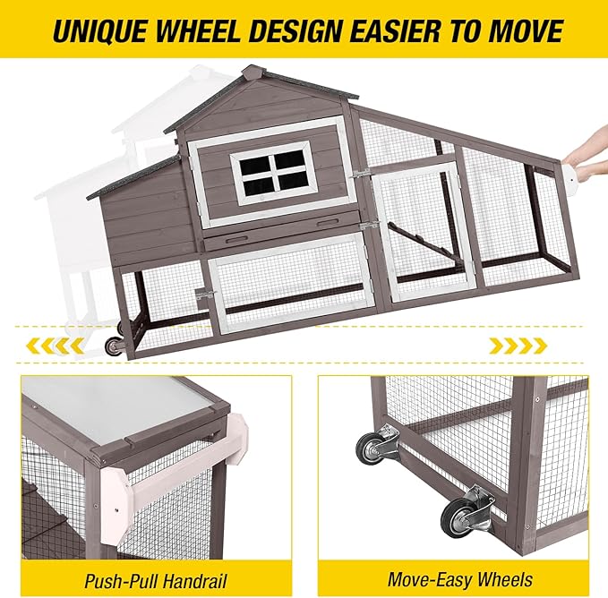 Aivituvin Chicken Coop Outdoor with Wheels, Mobile Hen House Wooden Poultry Cage with Run & Waterproof Roof (Grey with White)-PawvioPets