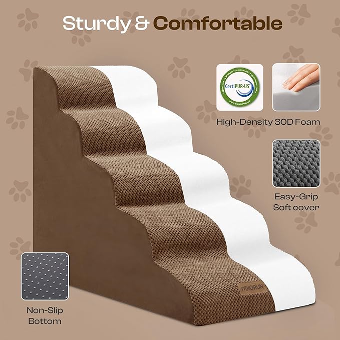 Dog Stairs for High Beds Up to 26-30", 5-Step Foam Pet Ramp with Washable Cover, Gentle Slope Steps, Bed & Couch Ladder for Small Medium Dogs & Senior Cat, Puppy Stairs to Get on Tall Furniture-PawvioPets