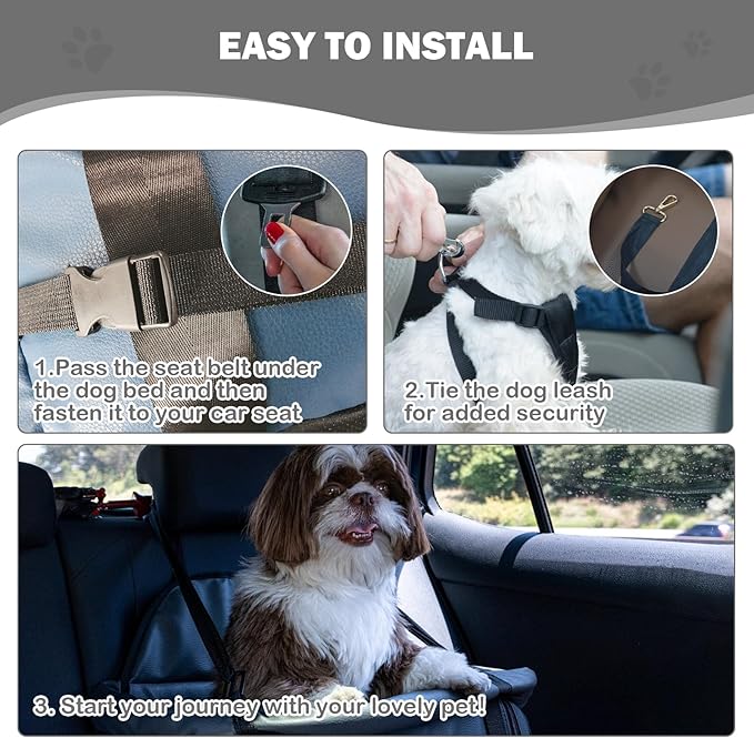 Dog Car Seat for Small Dogs, Large Leather Dog Car Bed with Storage Pocket, Waterproof PVC Leather Booster Seat Travel Bed for Front & Back Seat, Clip-On Safety Leash (Blue/Brown)-PawvioPets