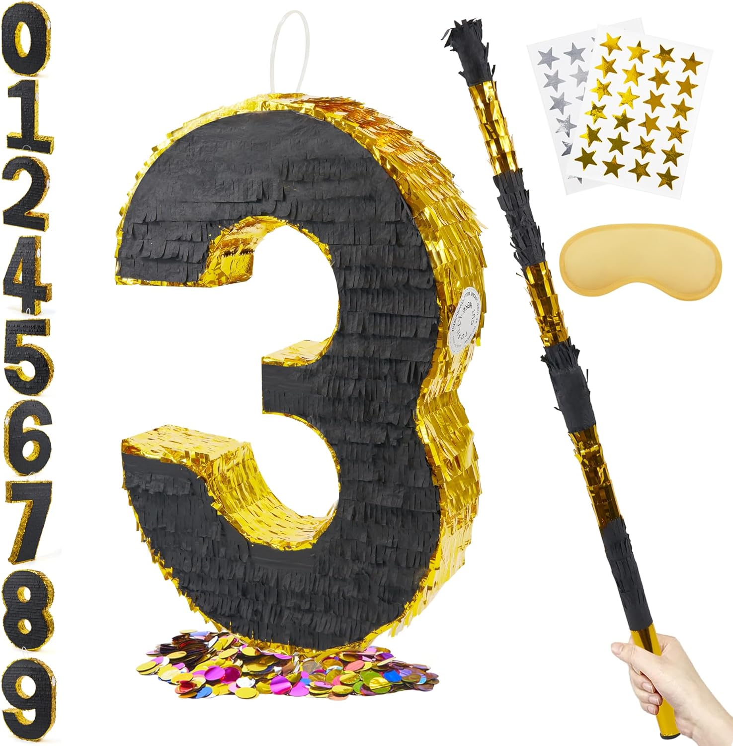 PCFING 20 Inch Number 3 Piñata Gold Black with 30 Inch Piñata Stick Blindfold Confetti for Man Women Boys Girls Birthday Party Decorations, Anniversary Celebration, Fiesta