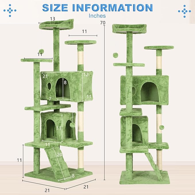 FDW Cat Tree 70in Cat Tower Multi-Level Durable Cat Scratching Post & Cozy Fun Cat Jumping Platform Space Saving Cat Condo Pet Play House for Indoor Cats,Green-PawvioPets
