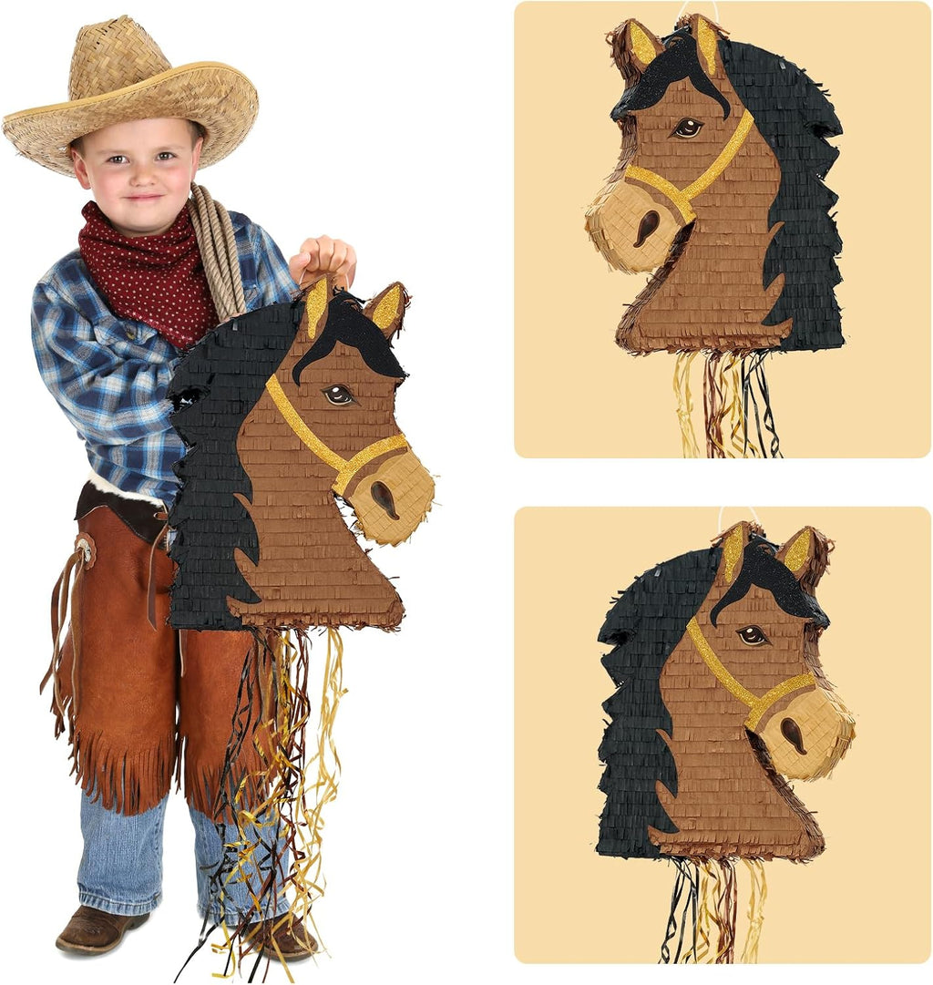 WERNNSAI Horse Piñata - Brown Horse Party Decorations Hanging Cowboy Piñata with Blindfold and Bat Western Cowboy Party Favors for Kids Boys Classroom Activities Game