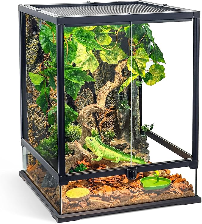 360° Clear View 35 Gallon 24x18x18 Glass Reptile Terrarium Suitable for Bearded Dragon, Chameleon, Crested Gecko, Multi-Pet Enclosure with Front Door, Excellent Ventilation, Hidden Wiring Holes-PawvioPets