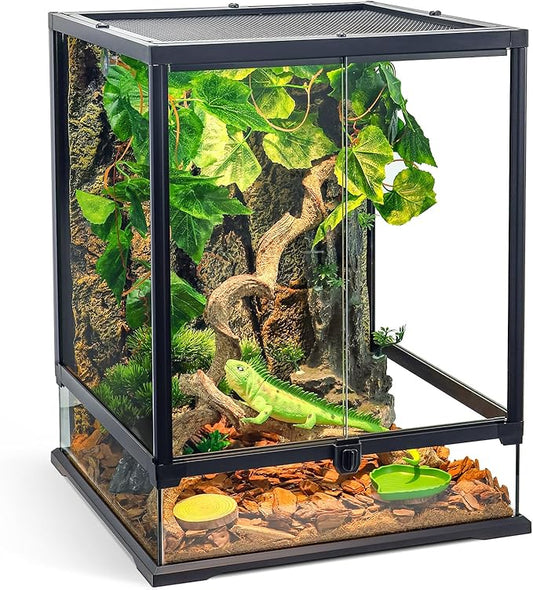 360° Clear View 35 Gallon 24x18x18 Glass Reptile Terrarium Suitable for Bearded Dragon, Chameleon, Crested Gecko, Multi-Pet Enclosure with Front Door, Excellent Ventilation, Hidden Wiring Holes-PawvioPets