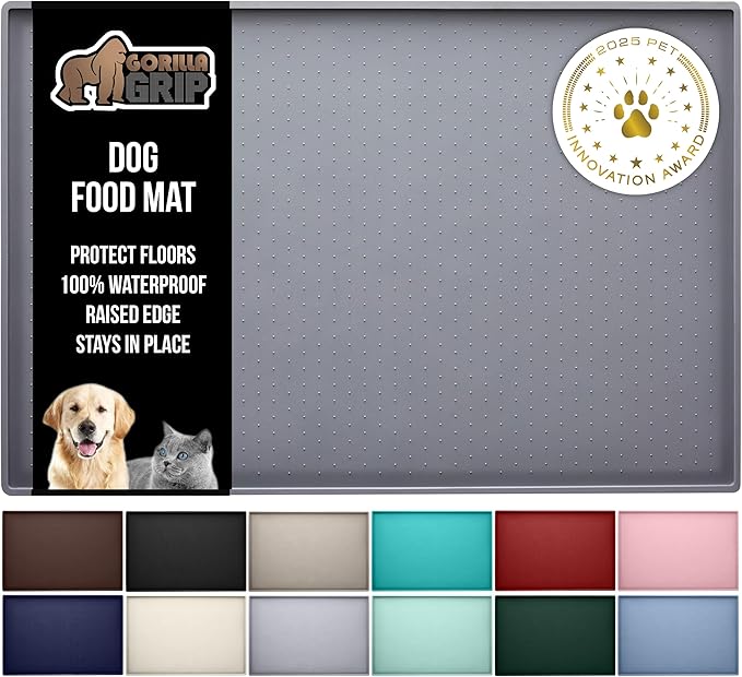 GORILLA GRIP 100% Waterproof Raised Edge BPA Free Silicone Pet Feeding Mat, Dog Cat Food Mats Contain Spills Protects Floors, Placemats for Cats and Dogs Water Bowl, Pets Accessories 18.5x11.5 Gray-PawvioPets