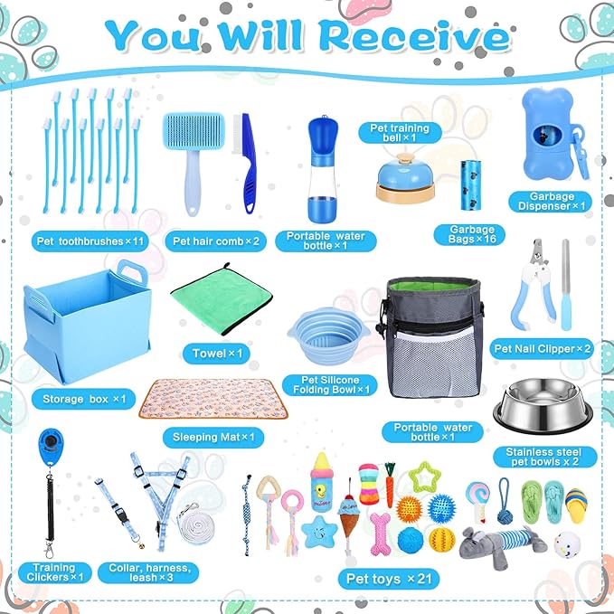 65 Pcs Puppy Supplies Starter Kit Small Dog Essentials Includes Dog Leash, Toys, Bowl, Brushes, Water Bottles, pet Blankets Puppy Accessories for New Welcome Gift Supplies(Cool,Blue)-PawvioPets