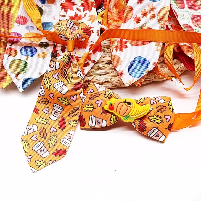 22pcs Fall Dog Bow Tie, Adjustable Bowtie Collar Attachment for Small Medium Pets, Bulk Neckties Set for Thanksgiving Day,Autumn Pet Supplies Charms Hair Costume Accessories(Maple Leaf, Pumpkin)-PawvioPets