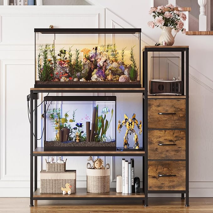 20 Gallon Aquarium Stand with Power Outlets Fish Tank Stand with 3 Drawers Metal Frame Heavy Duty Reptile Tank Stand with 3-Tier Storage Shelves,Left/Right Assembly, Adjustment Height-PawvioPets