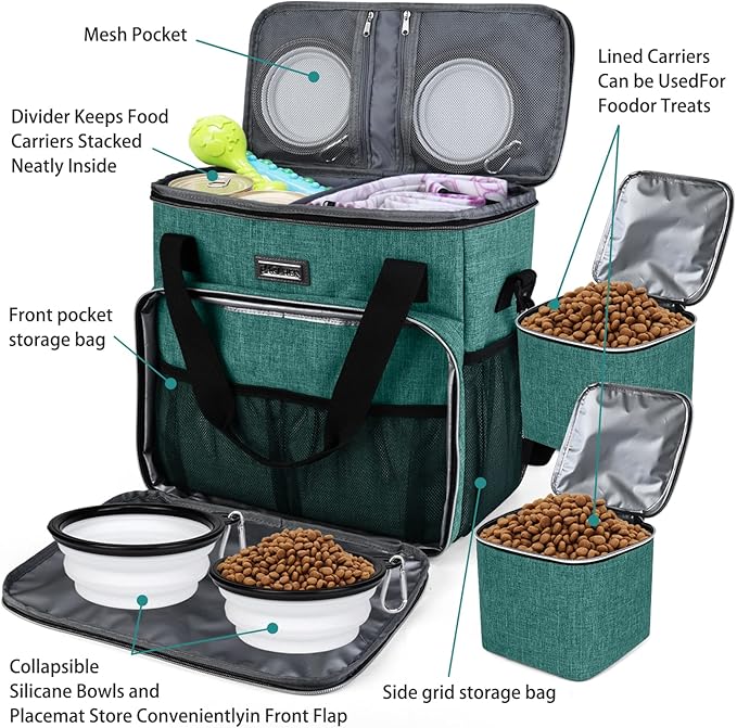 BAGLHER Pet Travel Set Airline-Approved Carrier for Small/Medium Cats & Dogs + Travel Bag with Food Containers & Silicone Bowls, Grey & Green-PawvioPets