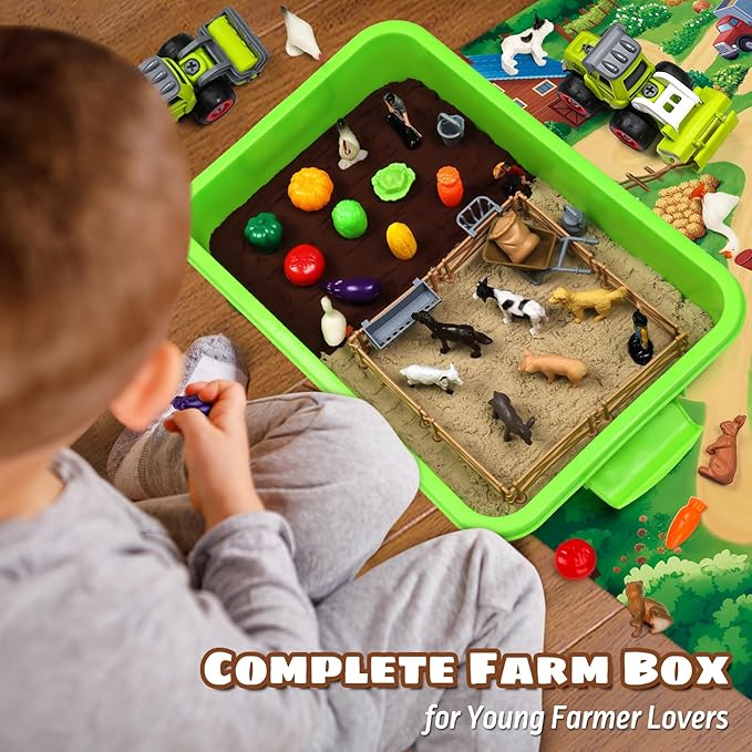 69 PCS Farm Sensory Bin Toys Playset, Sandboxes with Sand, Farmer Tractor & Farm Animals Figures Toys for Kids 3 4 5, Gifts for 6 7 Years Old Boys Girls Toddlers-PawvioPets