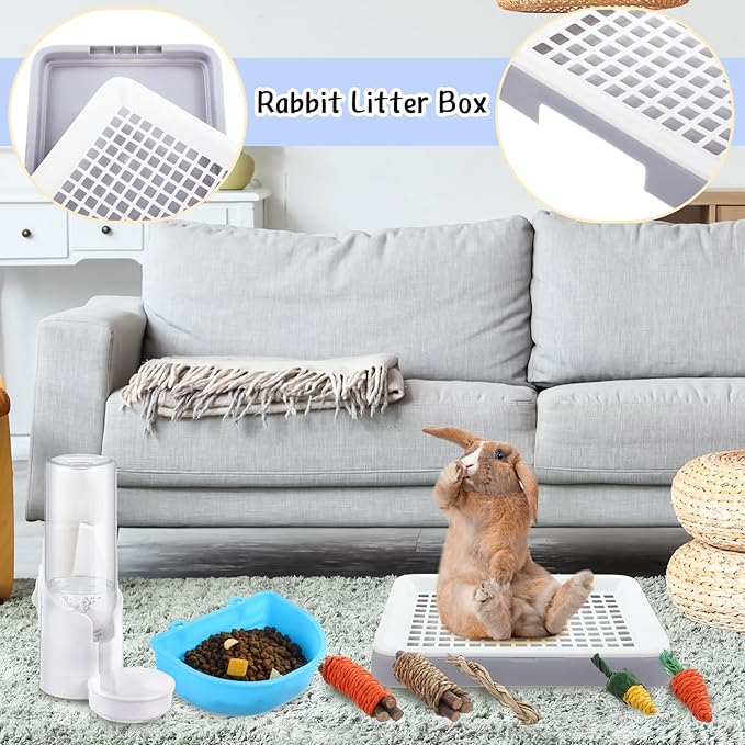 19 Pcs Rabbit Starter Kit Small Bunny Litter Box Animal Grooming Kit Water Bottle Bunny Toys Hay Feeder Bowl Blankets with Cleaning Set for Guinea Pig Rabbit Accessories-PawvioPets